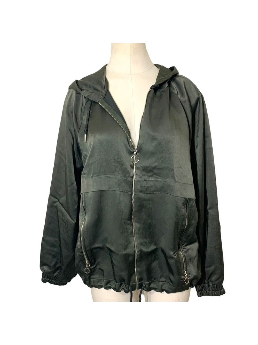 Zara Green Hooded Satin Bomber Jacket Zip Up Sz M Relaxed Fit Layer Y2K